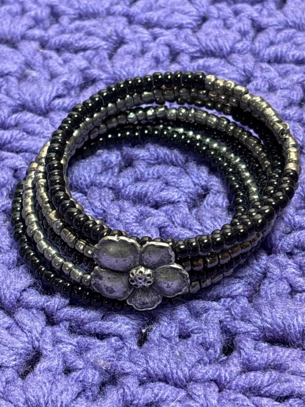 Black and Silvertone Beaded Wire Wrap Bracelet Flower